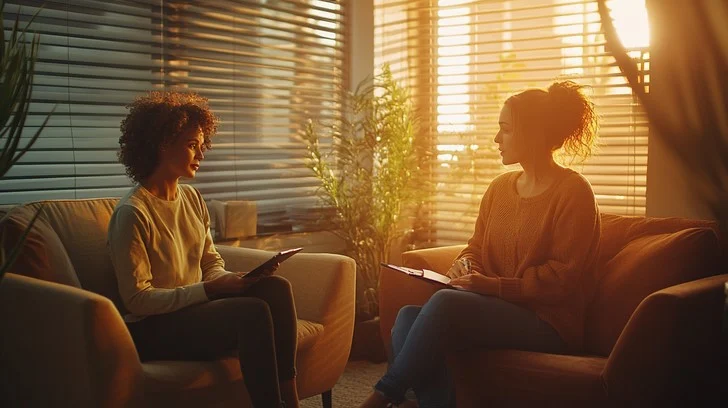 Dos mujeres jóvenes hablando en una consulta de la psicóloga Clara Nebot en Vilareal