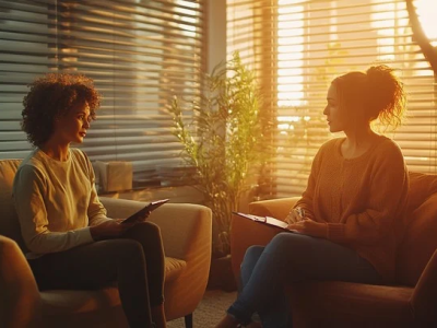 Dos mujeres jóvenes hablando en una consulta de la psicóloga Clara Nebot en Vilareal